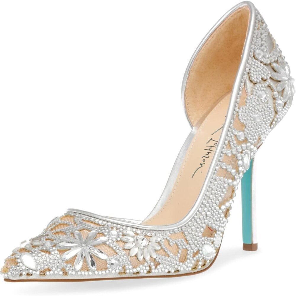 Betsey Johnson Womens Light Silver Satin Pointed Closed Toe Stiletto Heel Pumps